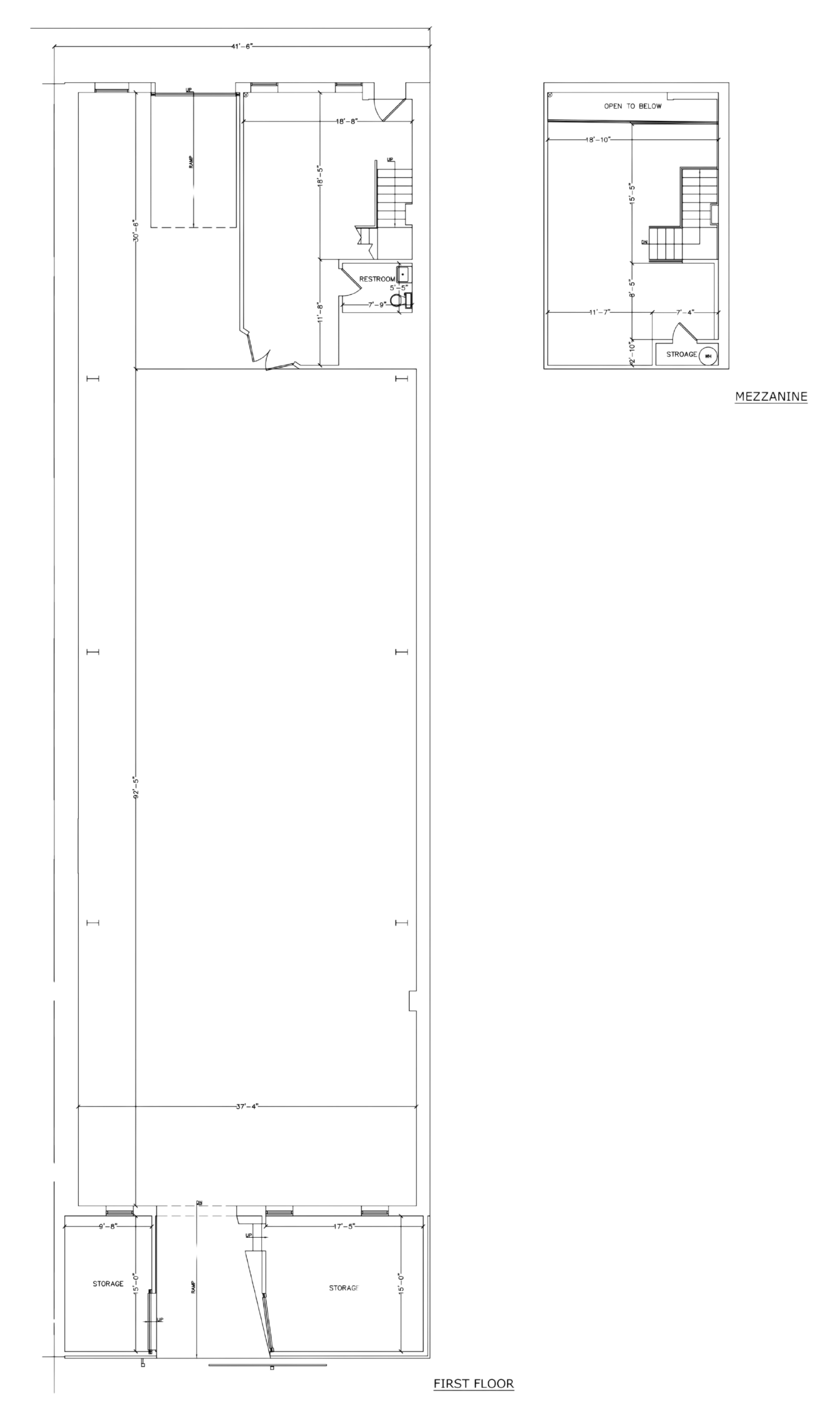 Architectural floor plan with main level and mezzanine details, including rooms, stairs, and entry points.